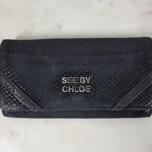 See By Chloe Checkbook Wallet 7.25" Black Soft Embossed Leather Bi-Fold Clutch - Picture 1 of 16